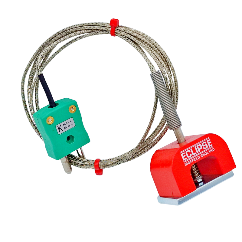 IEC Type K 9kg Pull Power (Horseshoe) Magnet Thermocouple, PFA Insulated Cable with Stainless Steel Over-Braid Terminating in Standard Plug