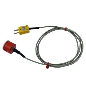 ANSI Type K 1.9kg Pull Button Magnet Thermocouple, PFA Insulated Cable with Stainless Steel Over-Braid Terminating in Miniature or Standard Plug-1m-Miniature Plug Termination