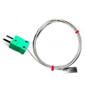 IEC Type K &amp; J Leaf Thermocouple, Glassfibre insulated Cable with Stainless Steel Over-Braid Terminating in Bare tails, Miniature or Standard Plug-Type K-5m-Miniature Plug Termination