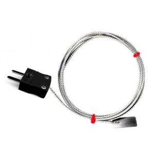 IEC Type K &amp; J Leaf Thermocouple, Glassfibre insulated Cable with Stainless Steel Over-Braid Terminating in Bare tails, Miniature or Standard Plug-Type J-5m-Miniature Plug Termination
