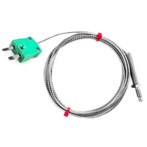 IEC Type K &amp; J Nozzle Thermocouple, Glassfibre insulated Cable with Stainless Steel Over-Braid Terminating in Bare tails, Miniature or Standard Plug-Type  K-2m-Miniature Plug Termination