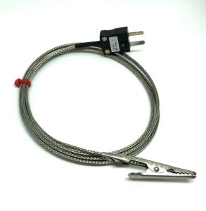 IEC Crocodile Clip Thermocouple with Glassfibre Stainless Steel Overbraided Cable - Type J - 1M